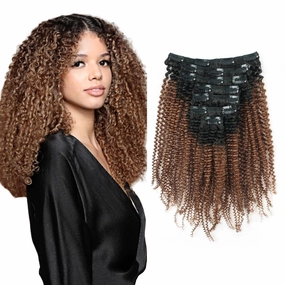 Sassina Remi Human Hair Clip In Extensions Afro Curly 3C 4A For Black Women Two Tone Natural Black Fading to Ginger 120 Grams 7 Pieces Per Bundle With 17 Clips AC TN30 12 Inch