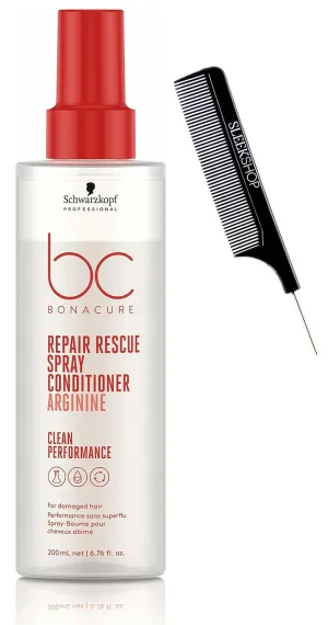 Schwarzkopf BC BONACURE Repair Rescue SPRAY CONDITIONER for FINE TO NORMAL DAMAGED HAIR (with Sleek Steel PIn Tail Comb) Leave In Conditioner (Repair Rescue - 6.8 oz / 200 ml)