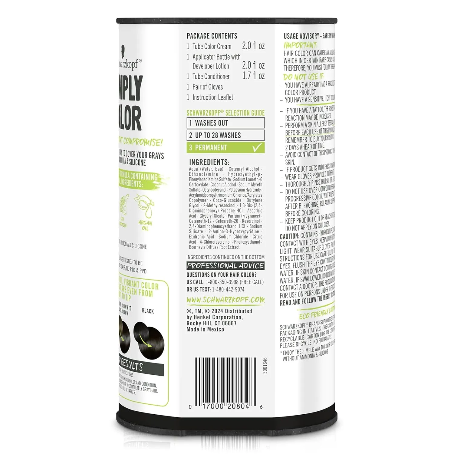 Schwarzkopf Simply Color Hair Color 1.0 Jet Black, 1 Application - Permanent Hair Dye for Healthy Looking Hair without Ammonia or Silicone, Dermatologist Tested, No PPD & PTD