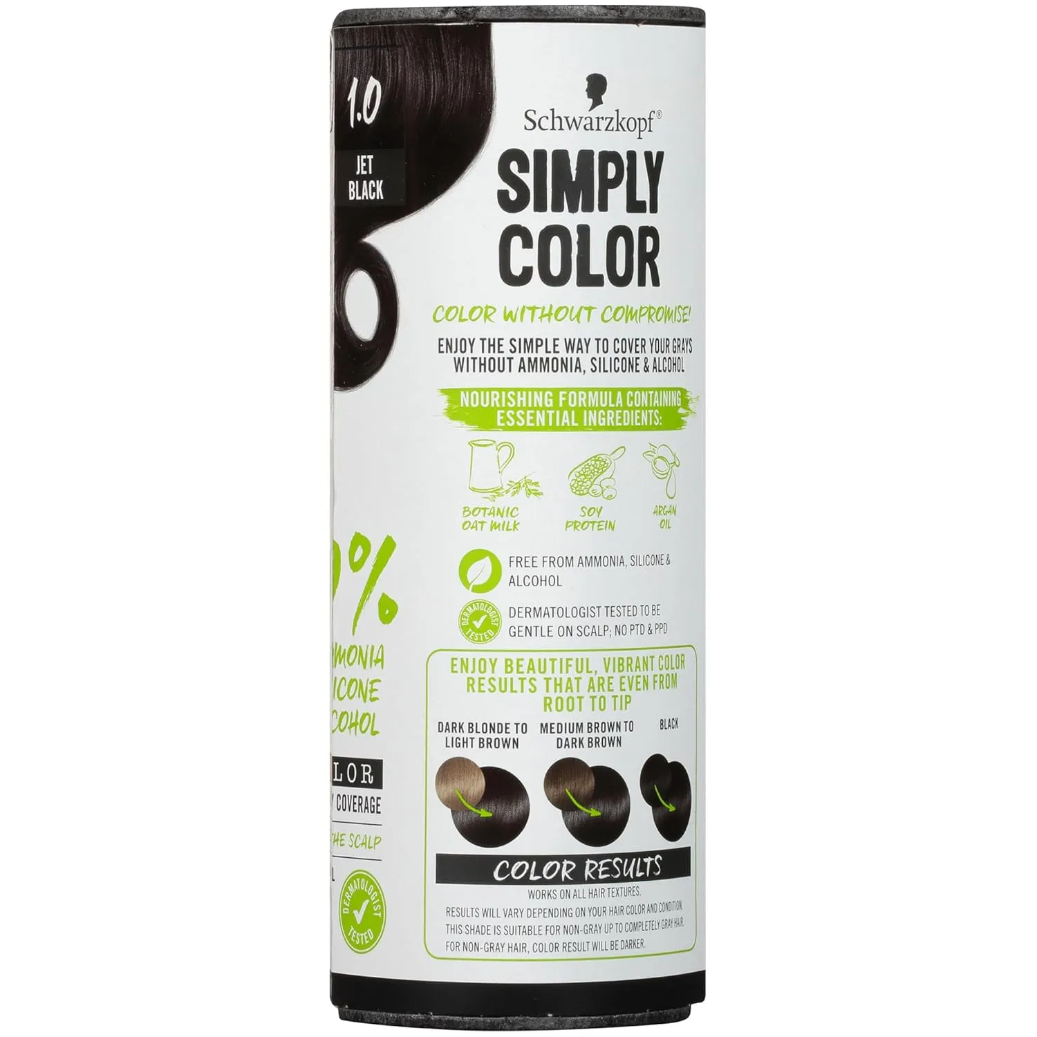 Schwarzkopf Simply Color Hair Color 1.0 Jet Black, 1 Application - Permanent Hair Dye for Healthy Looking Hair without Ammonia or Silicone, Dermatologist Tested, No PPD & PTD
