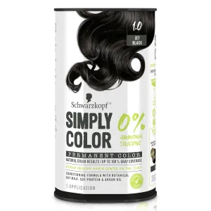Schwarzkopf Simply Color Hair Color 1.0 Jet Black, 1 Application - Permanent Hair Dye for Healthy Looking Hair without Ammonia or Silicone, Dermatologist Tested, No PPD & PTD
