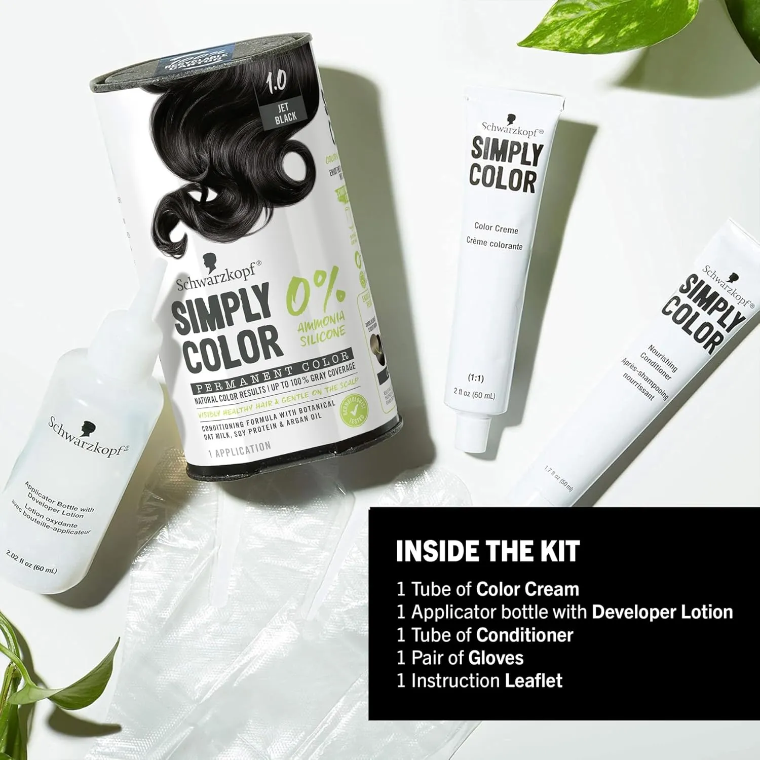 Schwarzkopf Simply Color Hair Color 1.0 Jet Black, 1 Application - Permanent Hair Dye for Healthy Looking Hair without Ammonia or Silicone, Dermatologist Tested, No PPD & PTD
