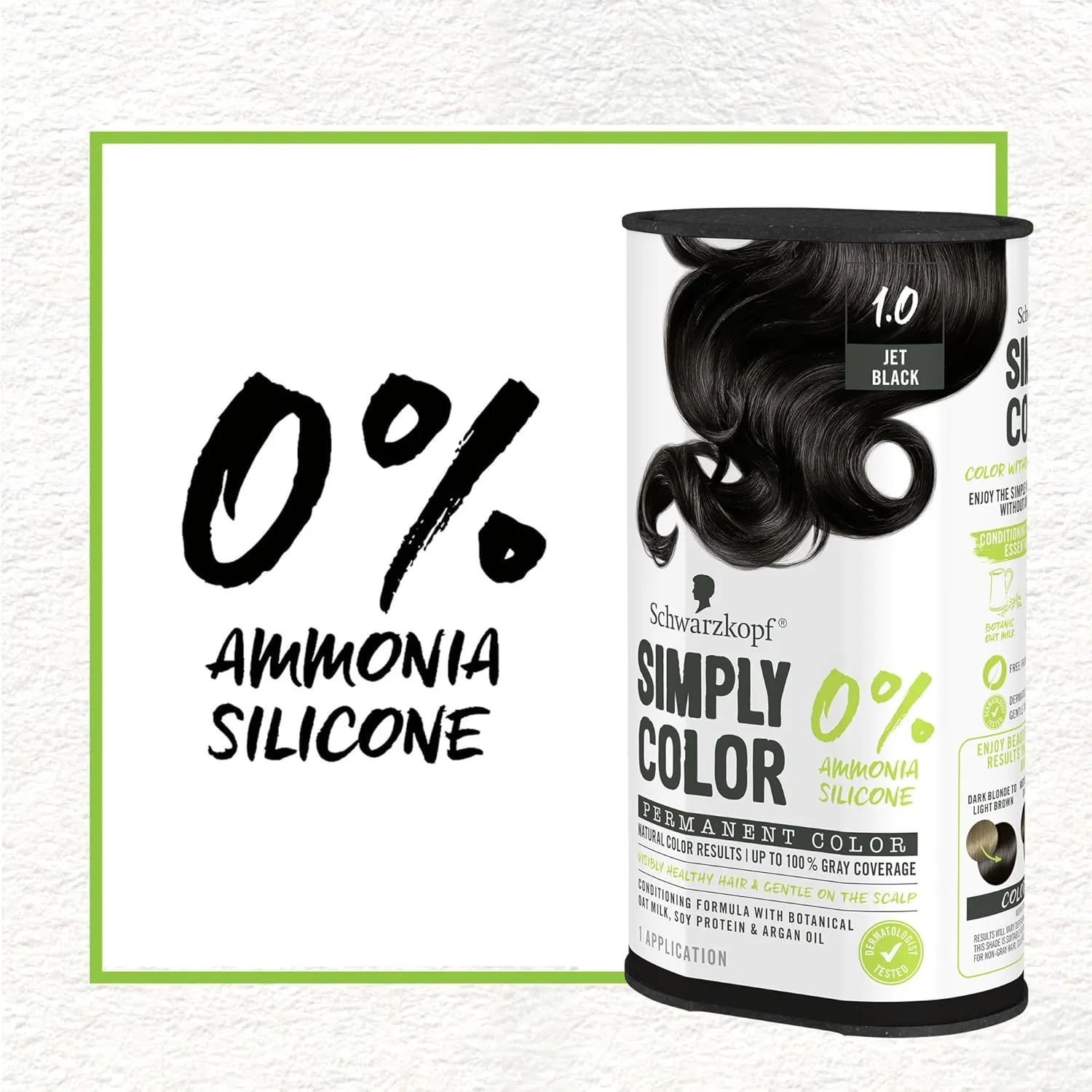 Schwarzkopf Simply Color Hair Color 1.0 Jet Black, 1 Application - Permanent Hair Dye for Healthy Looking Hair without Ammonia or Silicone, Dermatologist Tested, No PPD & PTD
