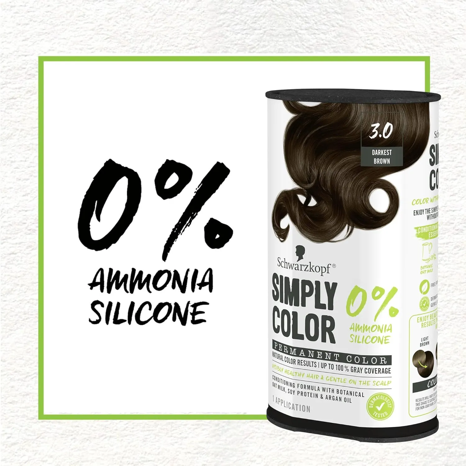 Schwarzkopf Simply Color Hair Color 3.0 Darkest Brown, 1 Application - Permanent Hair Dye for Healthy Looking Hair without Ammonia or Silicone, Dermatologist Tested, No PPD & PTD