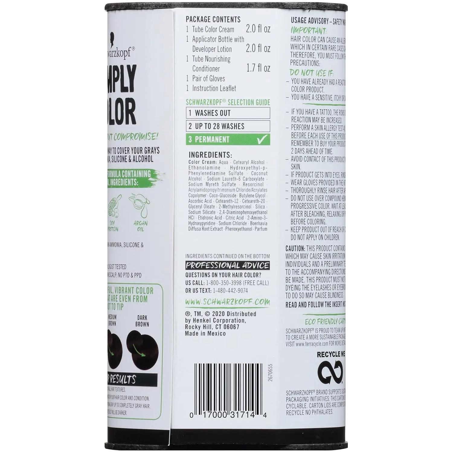 Schwarzkopf Simply Color Hair Color 3.0 Darkest Brown, 1 Application - Permanent Hair Dye for Healthy Looking Hair without Ammonia or Silicone, Dermatologist Tested, No PPD & PTD