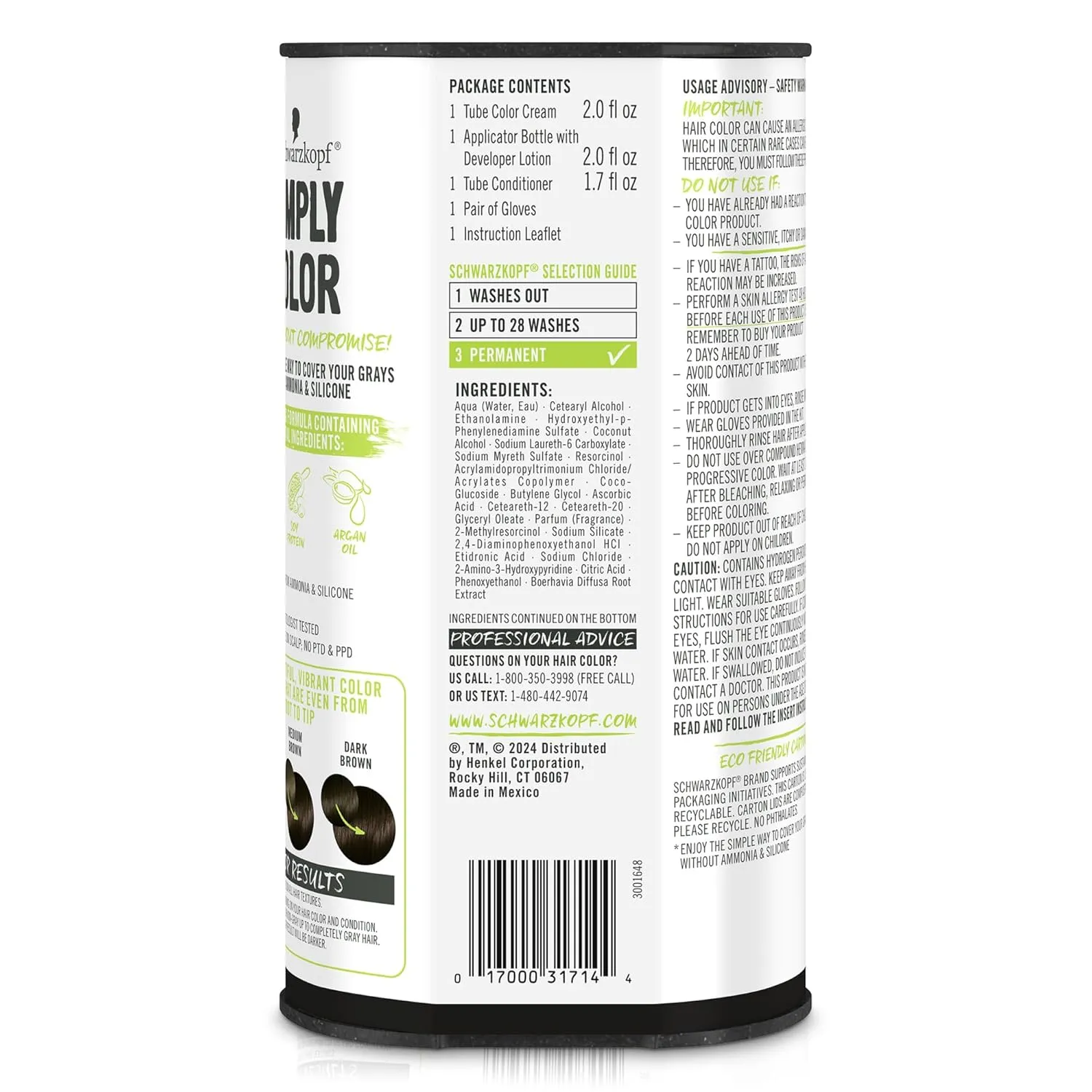 Schwarzkopf Simply Color Hair Color 3.0 Darkest Brown, 1 Application - Permanent Hair Dye for Healthy Looking Hair without Ammonia or Silicone, Dermatologist Tested, No PPD & PTD