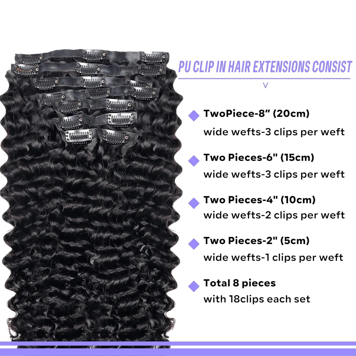 Seamless Clip in Hair Extensions Human Hair Deep Wave Clip ins for Black Women 8Pcs Brazilian Virgin Human Hair Clip in Extensions PU Skin Weft 18Clips 120g 16inch Natural Black