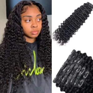 Seamless Clip in Hair Extensions Human Hair Deep Wave Clip ins for Black Women 8Pcs Brazilian Virgin Human Hair Clip in Extensions PU Skin Weft 18Clips 120g 16inch Natural Black