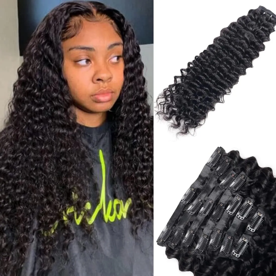 Seamless Clip in Hair Extensions Human Hair Deep Wave Clip ins for Black Women 8Pcs Brazilian Virgin Human Hair Clip in Extensions PU Skin Weft 18Clips 120g 16inch Natural Black
