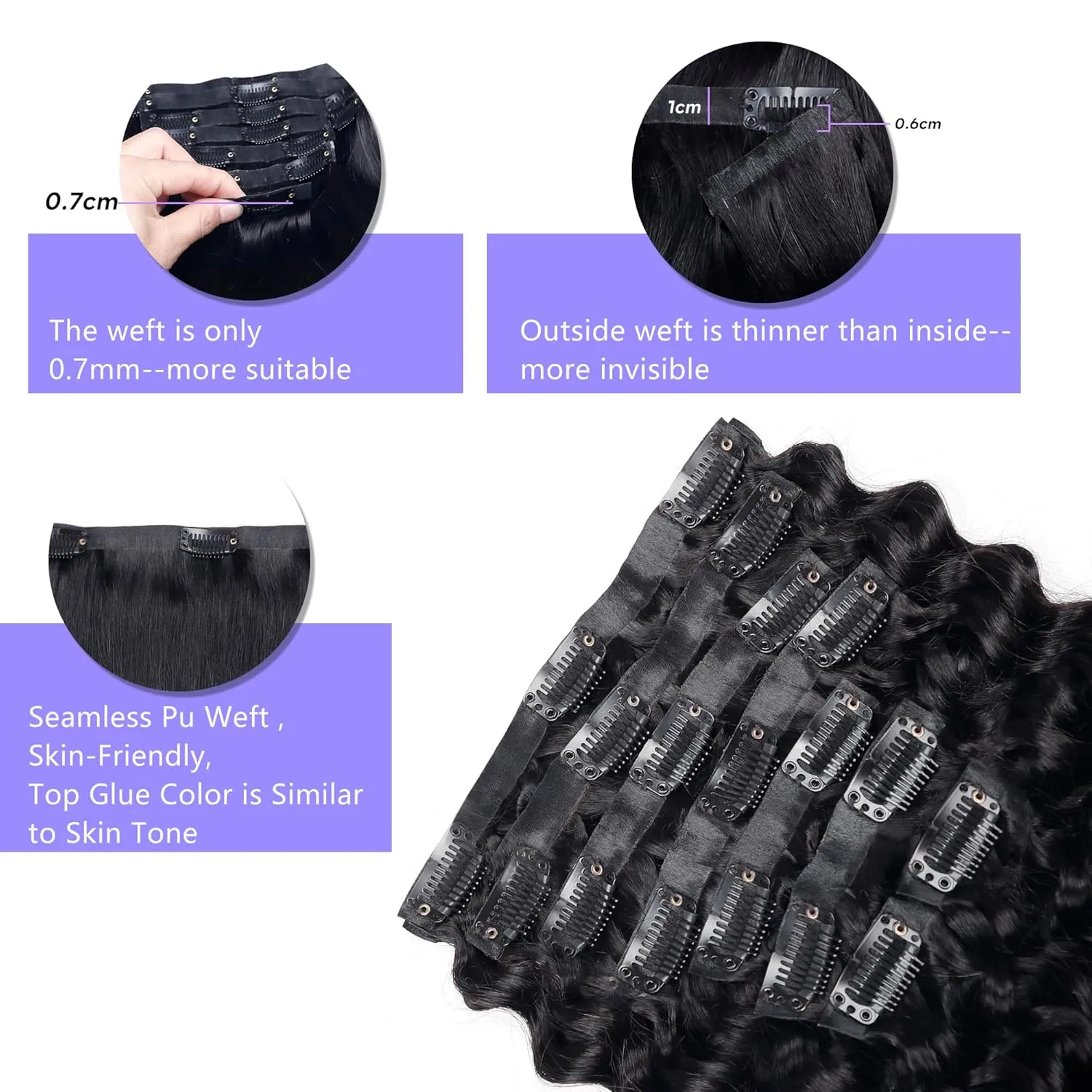 Seamless Clip in Hair Extensions Human Hair Deep Wave Clip ins for Black Women 8Pcs Brazilian Virgin Human Hair Clip in Extensions PU Skin Weft 18Clips 120g 16inch Natural Black