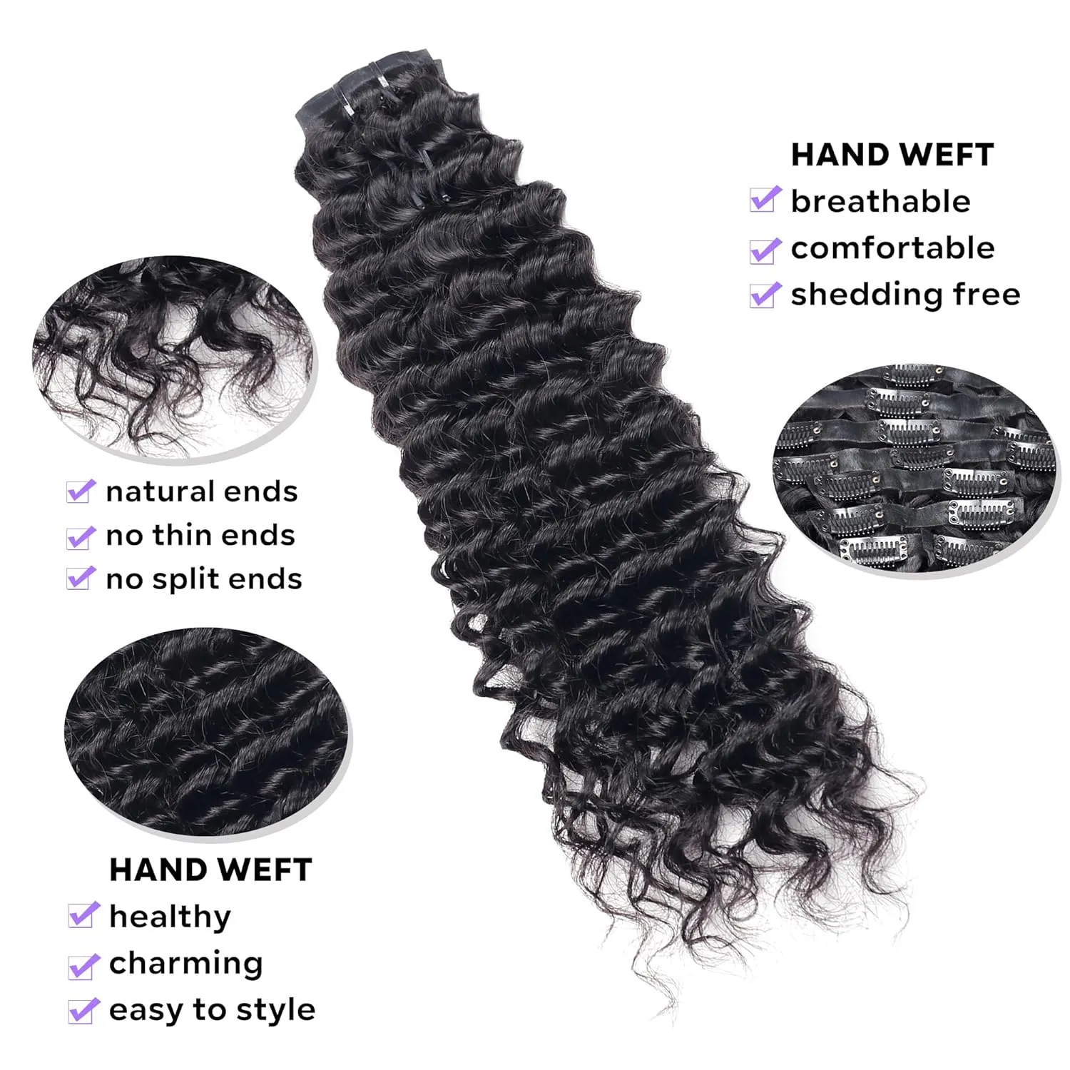 Seamless Clip in Hair Extensions Human Hair Deep Wave Clip ins for Black Women 8Pcs Brazilian Virgin Human Hair Clip in Extensions PU Skin Weft 18Clips 120g 16inch Natural Black