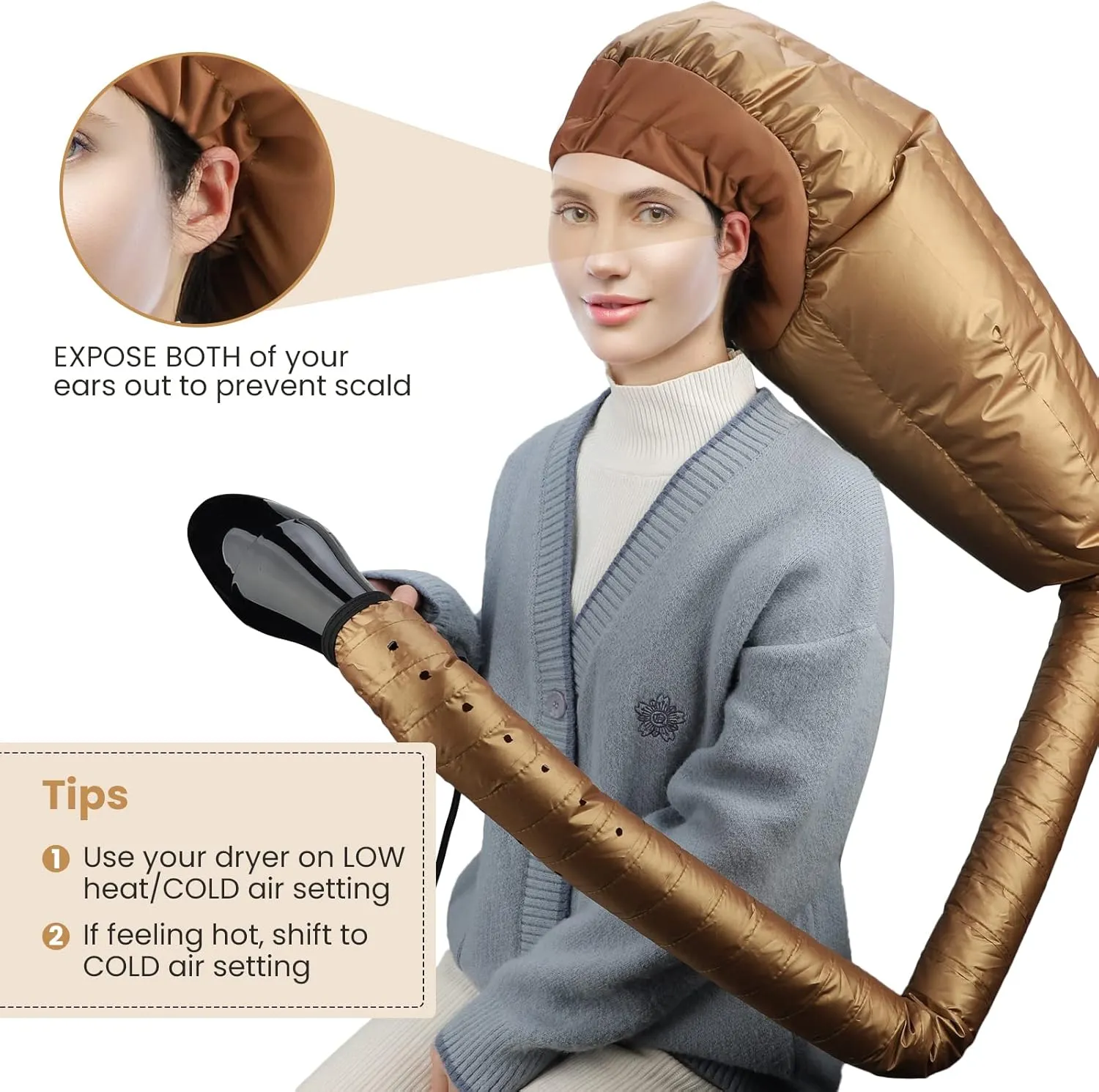 Segbeauty Hair Dryer Bonnet, Extra Large Deep Conditioning Cap Attachment, Upgraded Adjustable Drying Heat Cap Hooded with Elastic Strap for Fast Drying Curly Hair Styling Nursing Oil Treat-Ment Gold