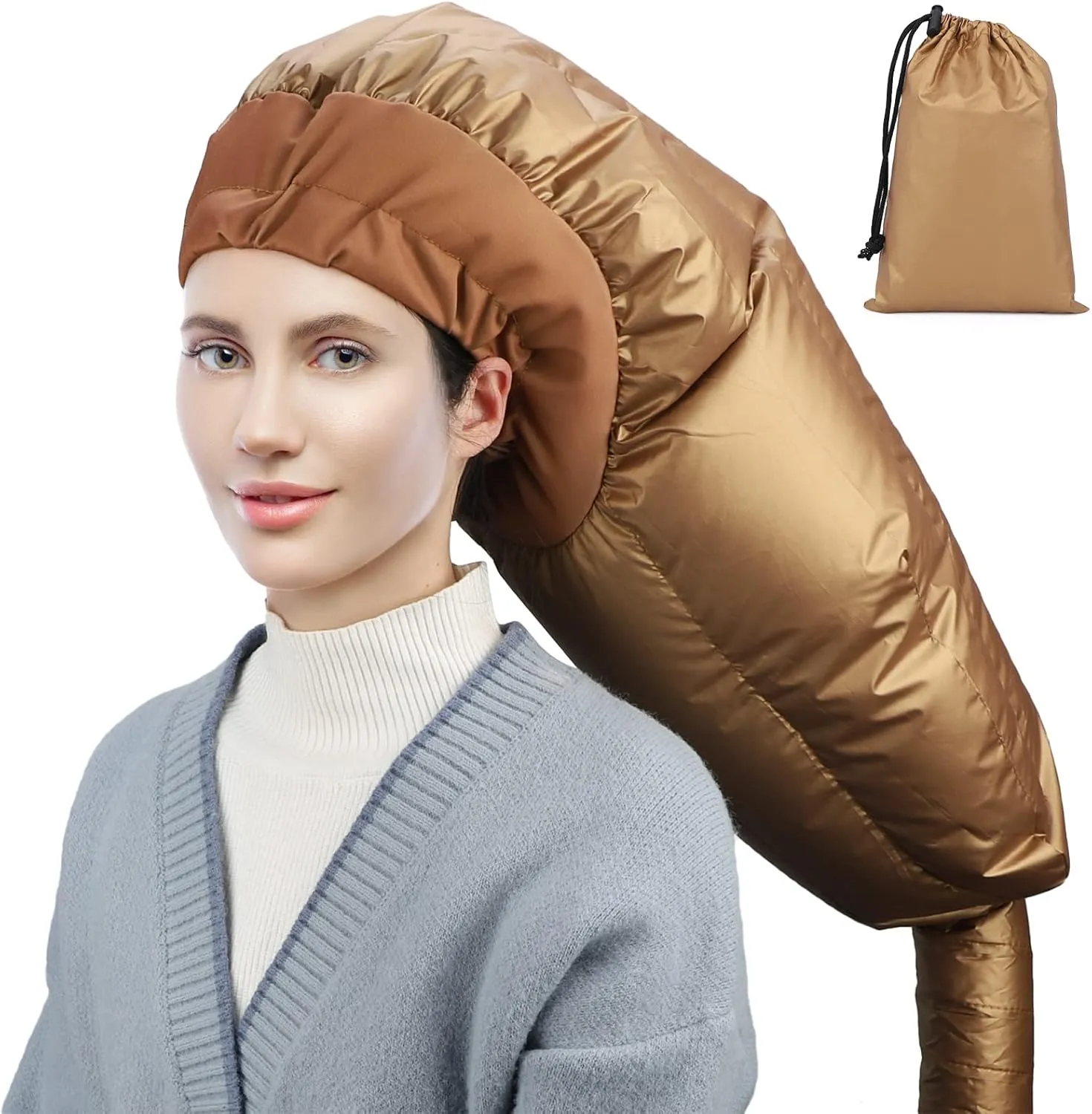 Segbeauty Hair Dryer Bonnet, Extra Large Deep Conditioning Cap Attachment, Upgraded Adjustable Drying Heat Cap Hooded with Elastic Strap for Fast Drying Curly Hair Styling Nursing Oil Treat-Ment Gold
