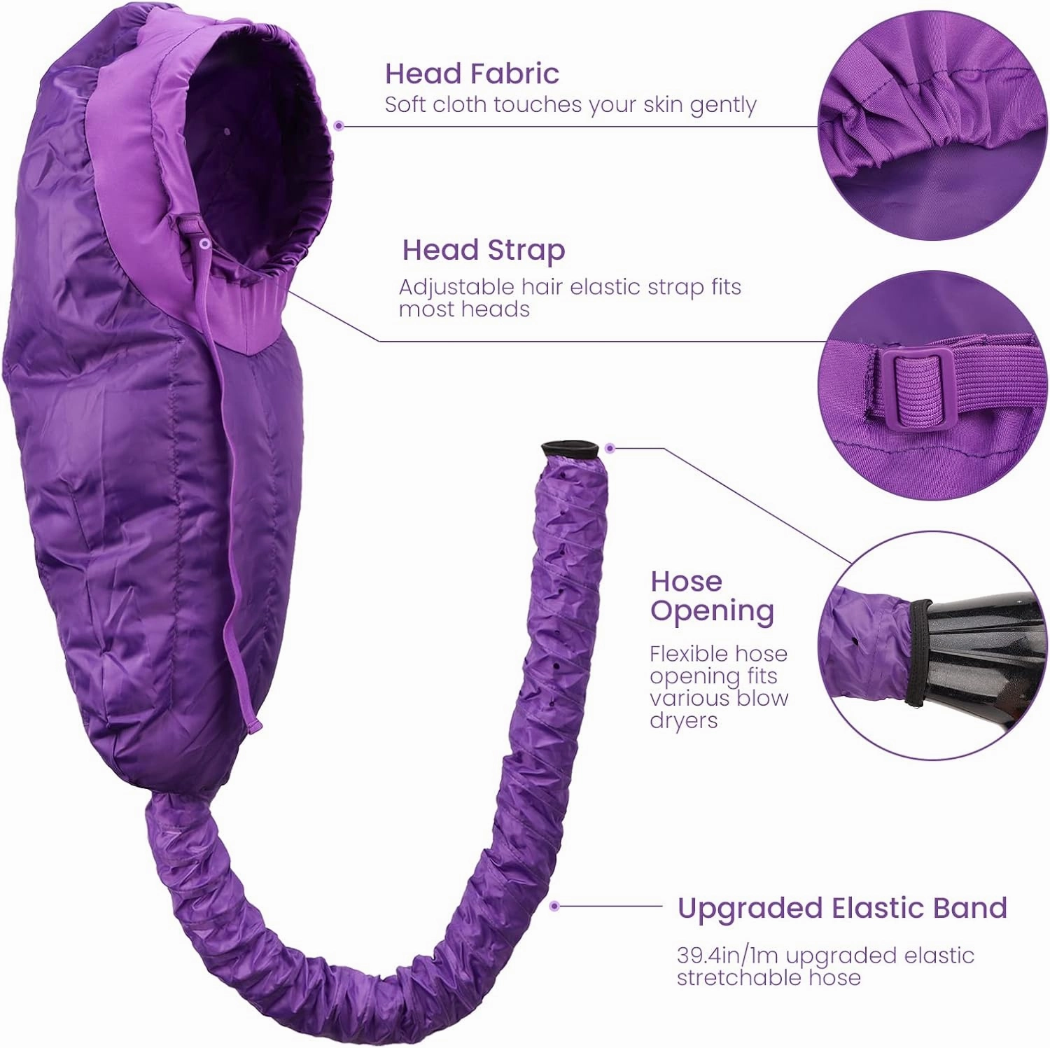 Segbeauty Bonnet Hooded Hair Dryer Attachment, XL Adjustable Deep Conditioning Cap, Upgraded Drying Heat Cap with Elastic Strap for Curly Hair Nursing Oil Treat-Ment Fast Drying Styling Purple