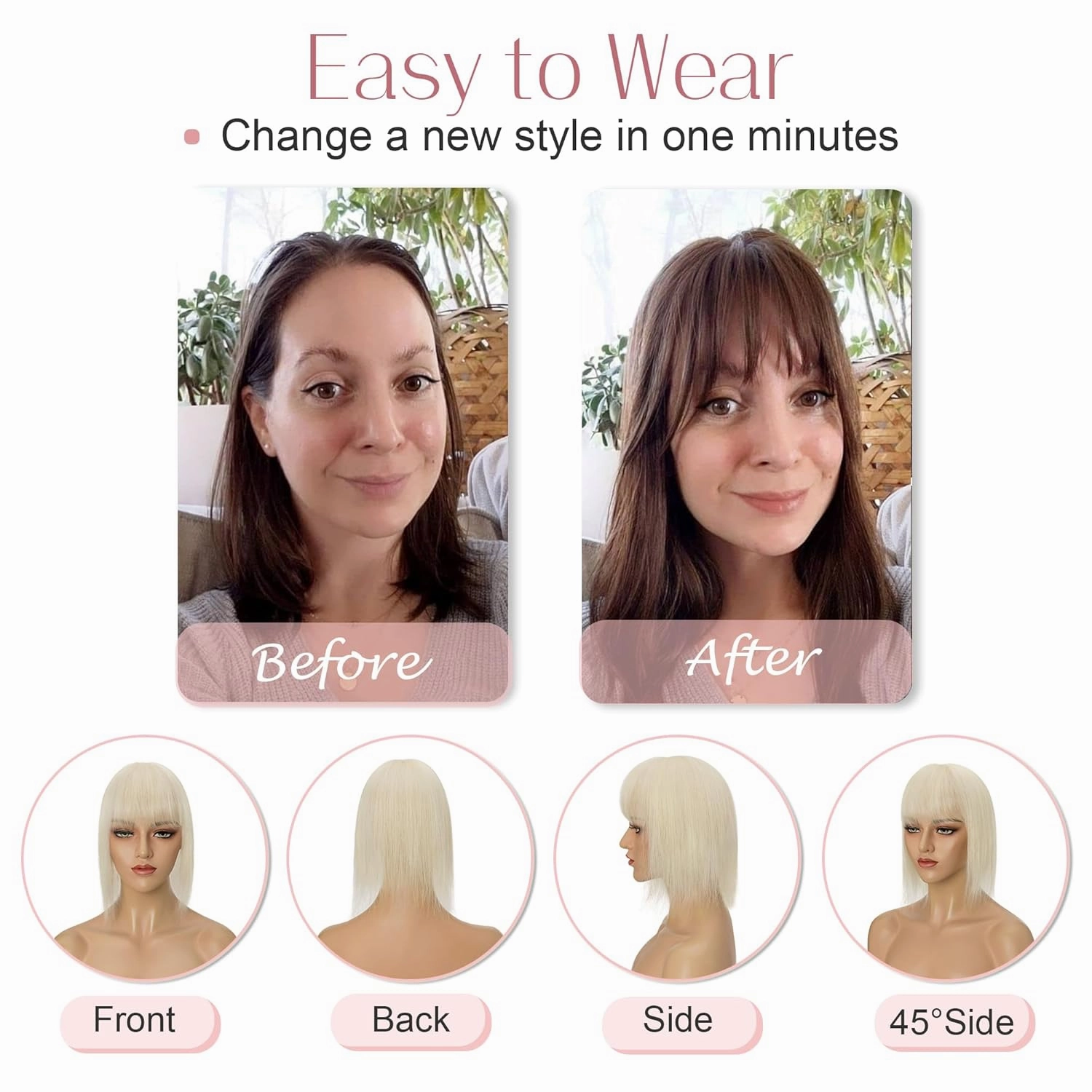 SEGO Hair Toppers for Women Real Human Hair with Bangs Mono Base 10 Inch Clip In Bangs Wiglets Topper Hair Pieces for Women with Thinning Hair -60 Platinum Blonde