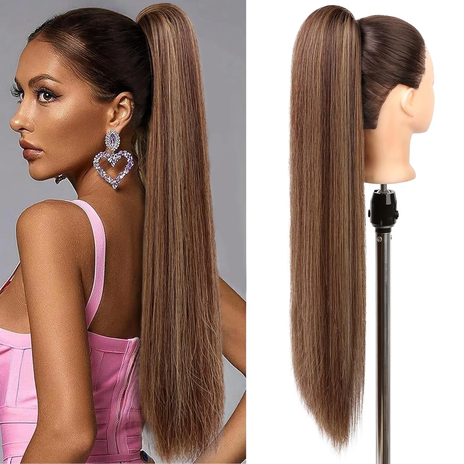 SEIKEA 28" Drawstring Ponytail Extensions Long Straight Fake Pony Tail Natural Soft Clip in Hair Extension Synthetic Heat Resistant Hairpiece - Reddish Brown Warm Medium Blonde Highlights