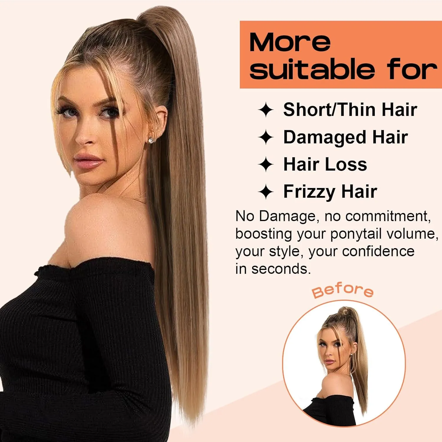 SEIKEA 28" Drawstring Ponytail Extensions Long Straight Fake Pony Tail Natural Soft Clip in Hair Extension Synthetic Heat Resistant Hairpiece - Reddish Brown Warm Medium Blonde Highlights