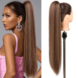 SEIKEA 28" Drawstring Ponytail Extensions Long Straight Fake Pony Tail Natural Soft Clip in Hair Extension Synthetic Heat Resistant Hairpiece - Reddish Brown Warm Medium Blonde Highlights