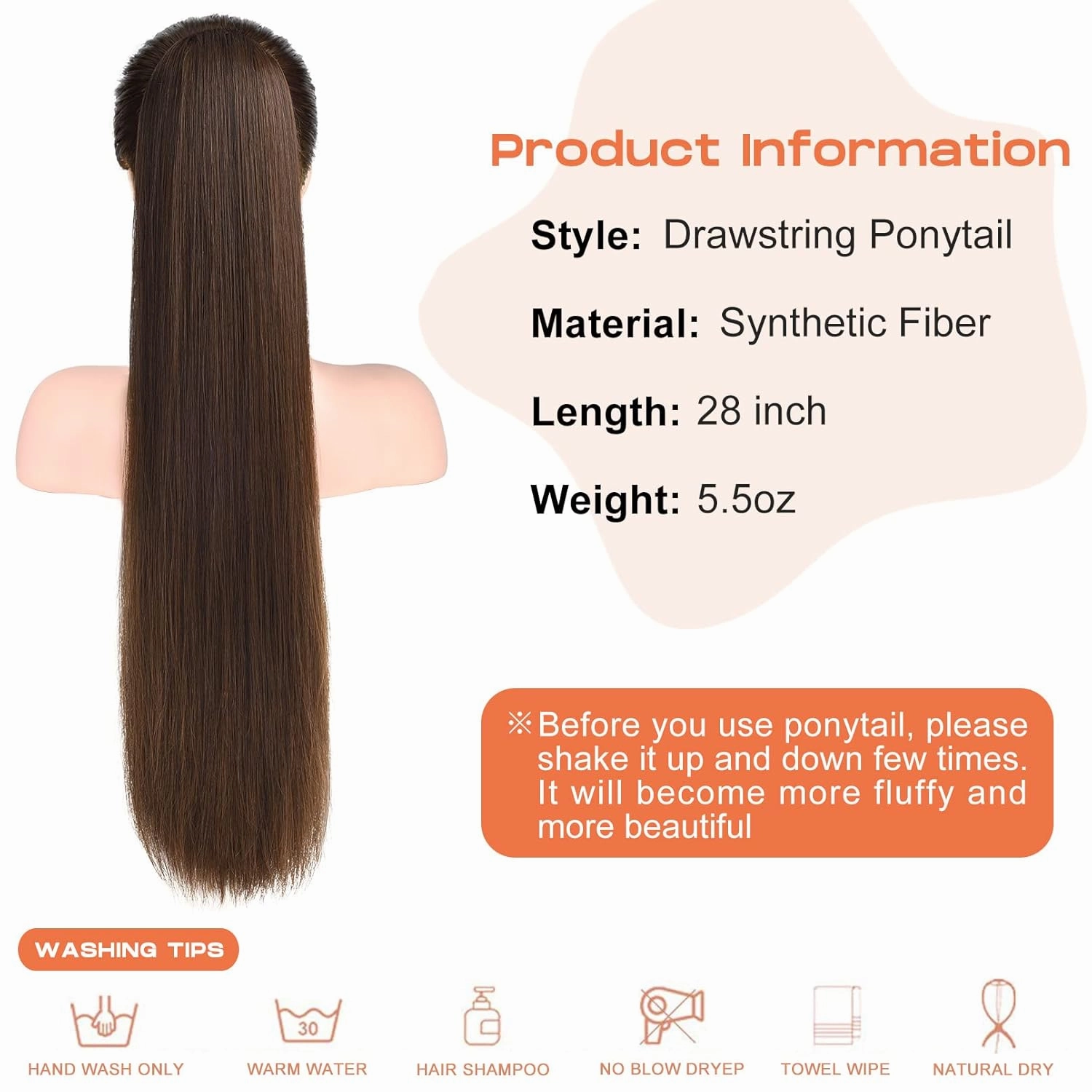 SEIKEA 28" Ponytail Extensions Drawstring Long Straight Fake Pony Tail Natural Soft Clip in Hair Extension Synthetic Heat Resistant Hairpiece - Dark Brown with Copper Highlights