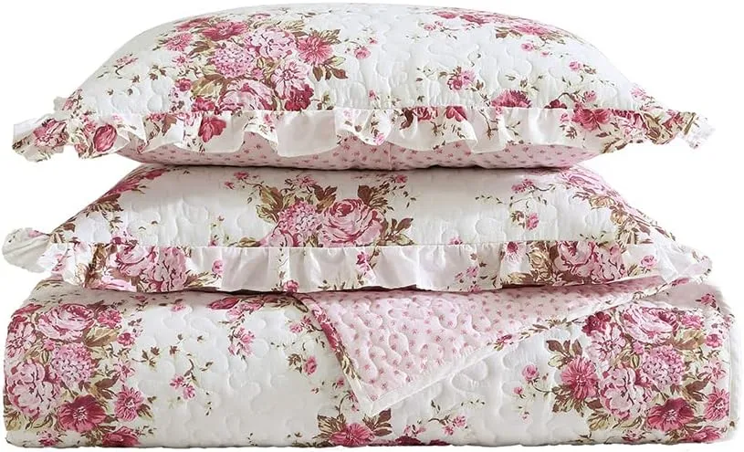 Shabby Chic® - Queen Quilt Set, Reversible Cotton Bedding with Matching Shams, Elegant Floral Home Decor for All Seasons (Abby Pink, Full/Queen)