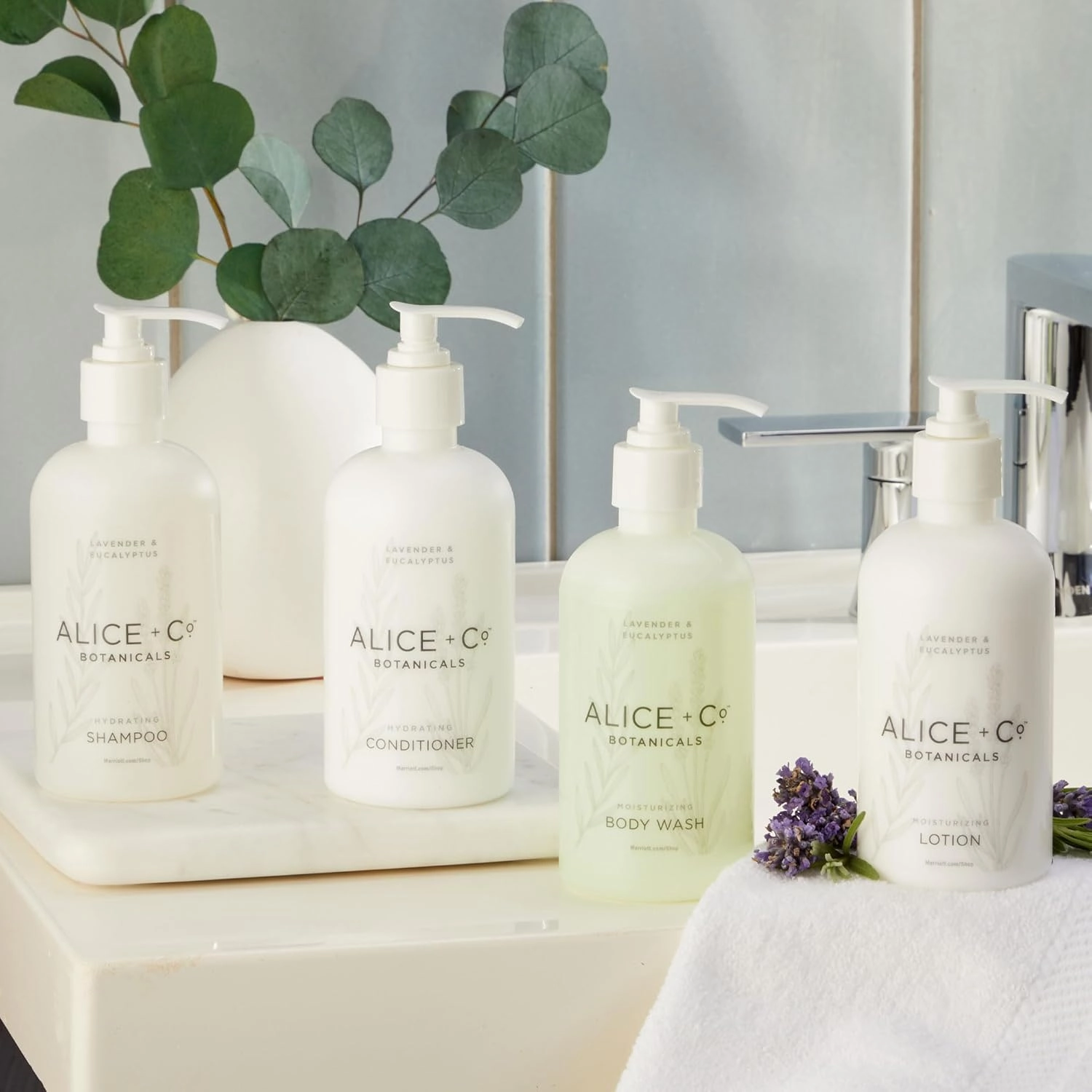 Shampoo, Conditioner, Body Wash, Lotion | Lavender & Eucalyptus | Hotel Bath Amenities | Fairfield by Marriott | 8.5 oz Bottles | Hair & Body Care Set