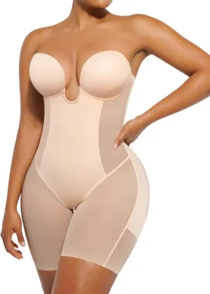SHAPELLX Strapless Shapewear for Women Deep Plunge Corset Tummy Control Backless Bodysuit Mid Thigh Full Body Shaper