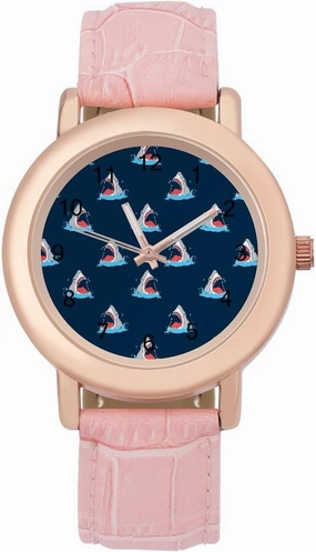 Shark Pattern Wrist Watches for Women Pink Leather Band Watch Fashion Three-Hand Watch Gift for Ladies