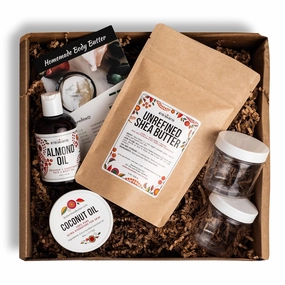 Shea Butter Body Butter Making Kit - DIY Kits for Adults (Raw Shea Butter, Almond Oil, Coconut Oil, 2 Jars) & Recipe Card with Link to Video Tutorial - Natural Whipped Body Lotion Making Kit