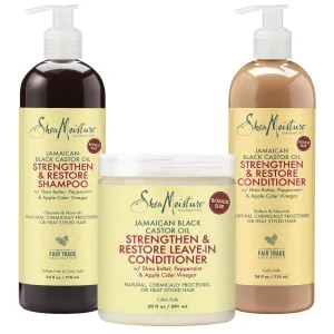 SheaMoisture Shampoo and Conditioner Set for Curly Hair, Strengthen and Restore, 24 Fl Oz each   Leave In, 20 Oz, Jamaican Black Castor Oil, Apple Cider Vinegar, Organic Shea Butter