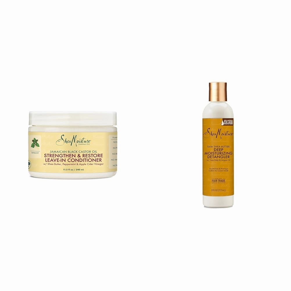 SheaMoisture Jamaican Black Castor Oil 11.5oz Leave In Conditioner and Raw Shea Butter 8oz Detangler Damaged Hair Bundle
