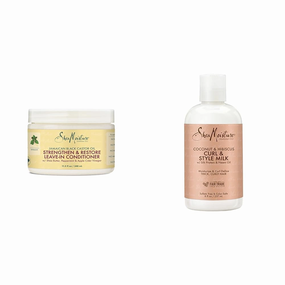 SheaMoisture Jamaican Black Castor Oil Leave In Conditioner 11.5oz & Coconut Hibiscus Curl & Style Milk 8oz Bundle