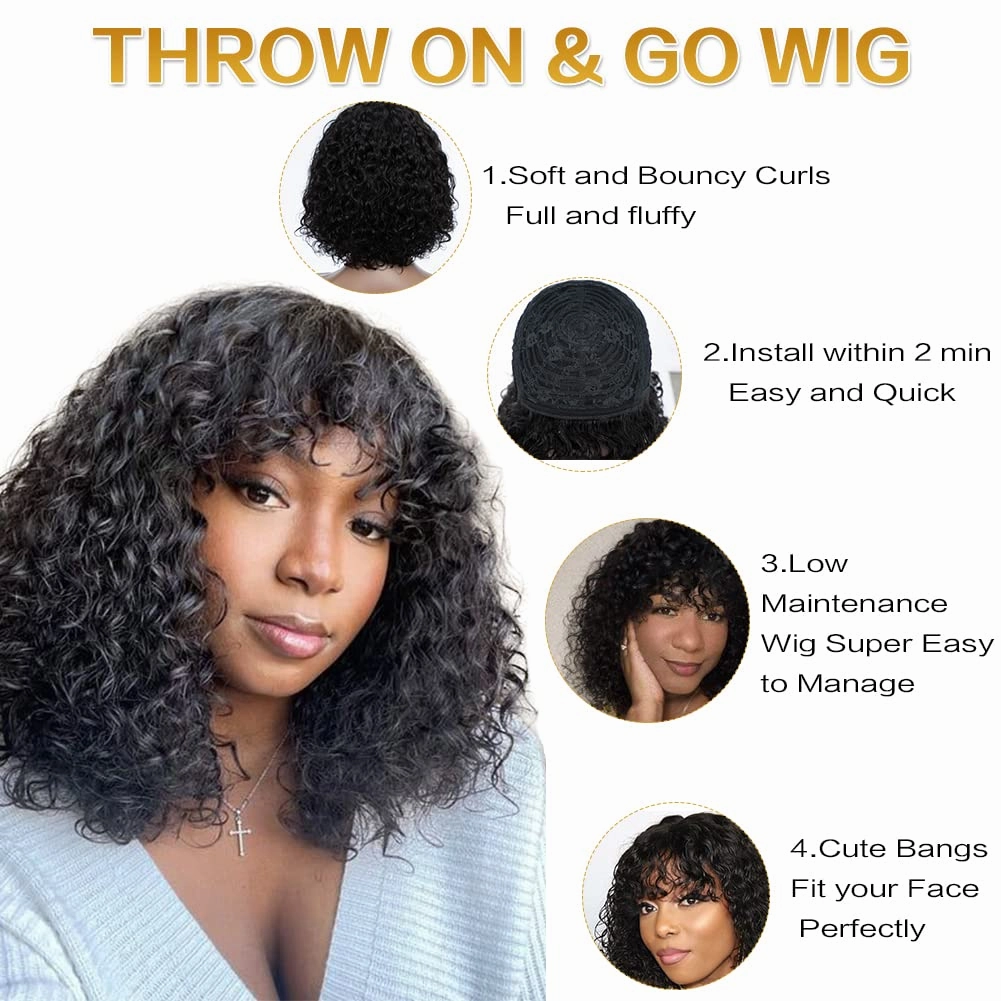 Short Curly Wig with Bangs 12 inch Brazilian Virgin Human Hair Wig for Black Women Jerry Curl Wig Curly Bob Wig with Bangs 150% Density Non Lace Front Glueless Wig Natural Black