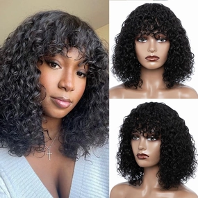 Short Curly Wig with Bangs 12 inch Brazilian Virgin Human Hair Wig for Black Women Jerry Curl Wig Curly Bob Wig with Bangs 150% Density Non Lace Front Glueless Wig Natural Black