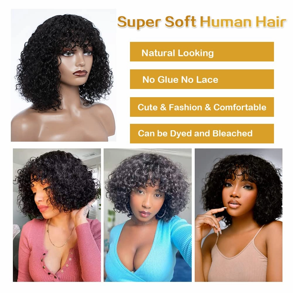 Short Curly Wig with Bangs 12 inch Brazilian Virgin Human Hair Wig for Black Women Jerry Curl Wig Curly Bob Wig with Bangs 150% Density Non Lace Front Glueless Wig Natural Black
