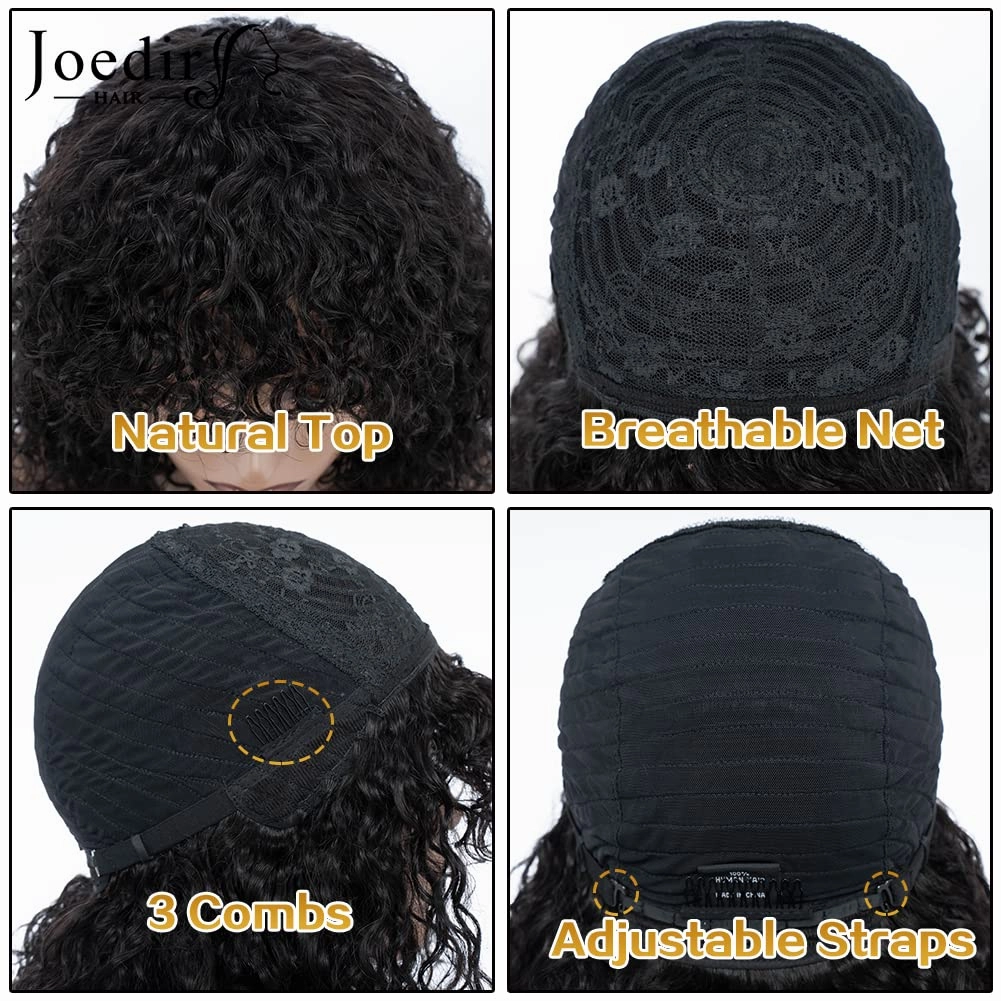 Short Curly Wig with Bangs 12 inch Brazilian Virgin Human Hair Wig for Black Women Jerry Curl Wig Curly Bob Wig with Bangs 150% Density Non Lace Front Glueless Wig Natural Black