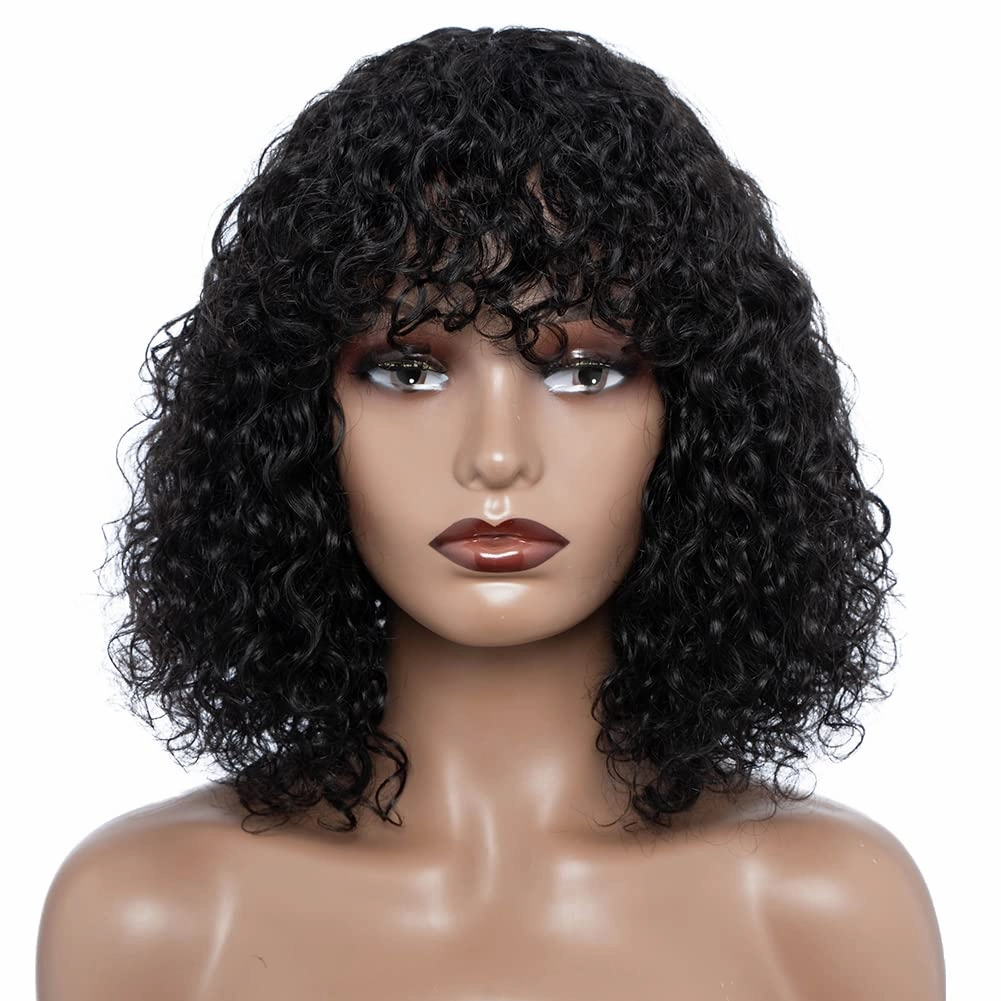 Short Curly Wig with Bangs 12 inch Brazilian Virgin Human Hair Wig for Black Women Jerry Curl Wig Curly Bob Wig with Bangs 150% Density Non Lace Front Glueless Wig Natural Black