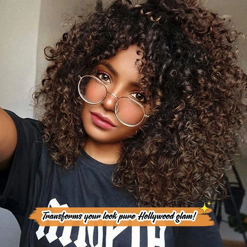 Short Curly Wigs Ombre Brown Mixed Curly Soft Hair Wig Synthetic Fiber Kinky African American Wig with Bangs for Black Women(T14/30,Ombre Brown Mixed)