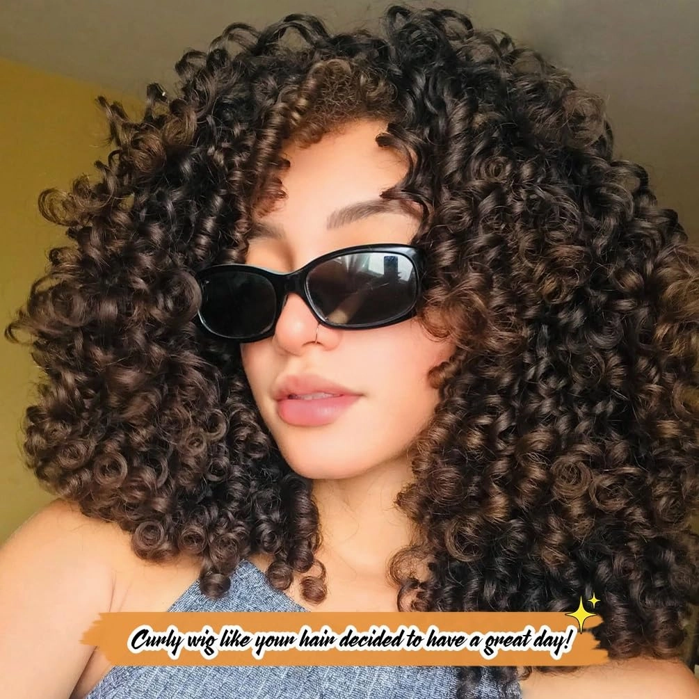 Short Curly Wigs Ombre Brown Mixed Curly Soft Hair Wig Synthetic Fiber Kinky African American Wig with Bangs for Black Women(T14/30,Ombre Brown Mixed)