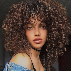 Short Curly Wigs Ombre Brown Mixed Curly Soft Hair Wig Synthetic Fiber Kinky African American Wig with Bangs for Black Women(T14/30,Ombre Brown Mixed)