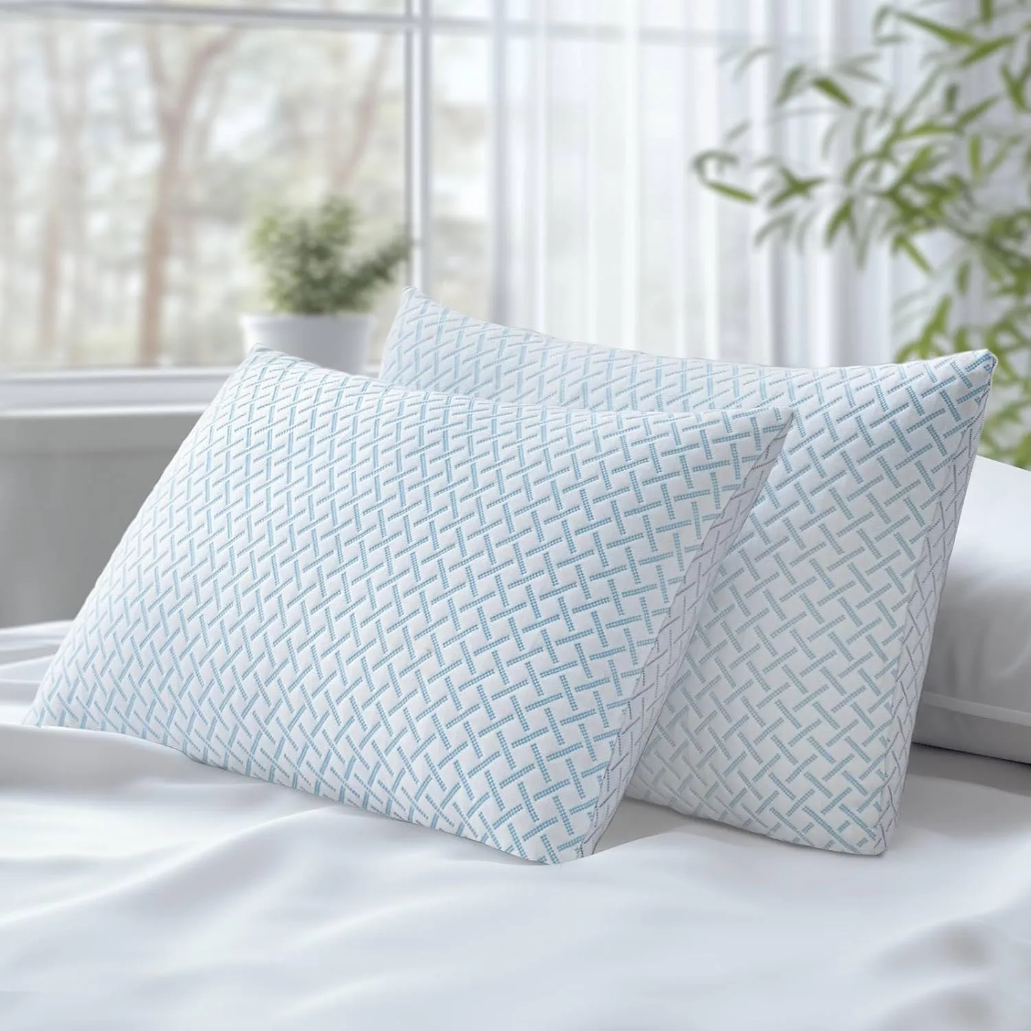 Shredded Memory Foam Cooling Medium Soft Bamboo Viscose Pillows King Set of 2, Adjustable Hypoallergenic Hotel Quality Pillows for Back, Stomach and Side Sleeper, Oeko-TEX Certified