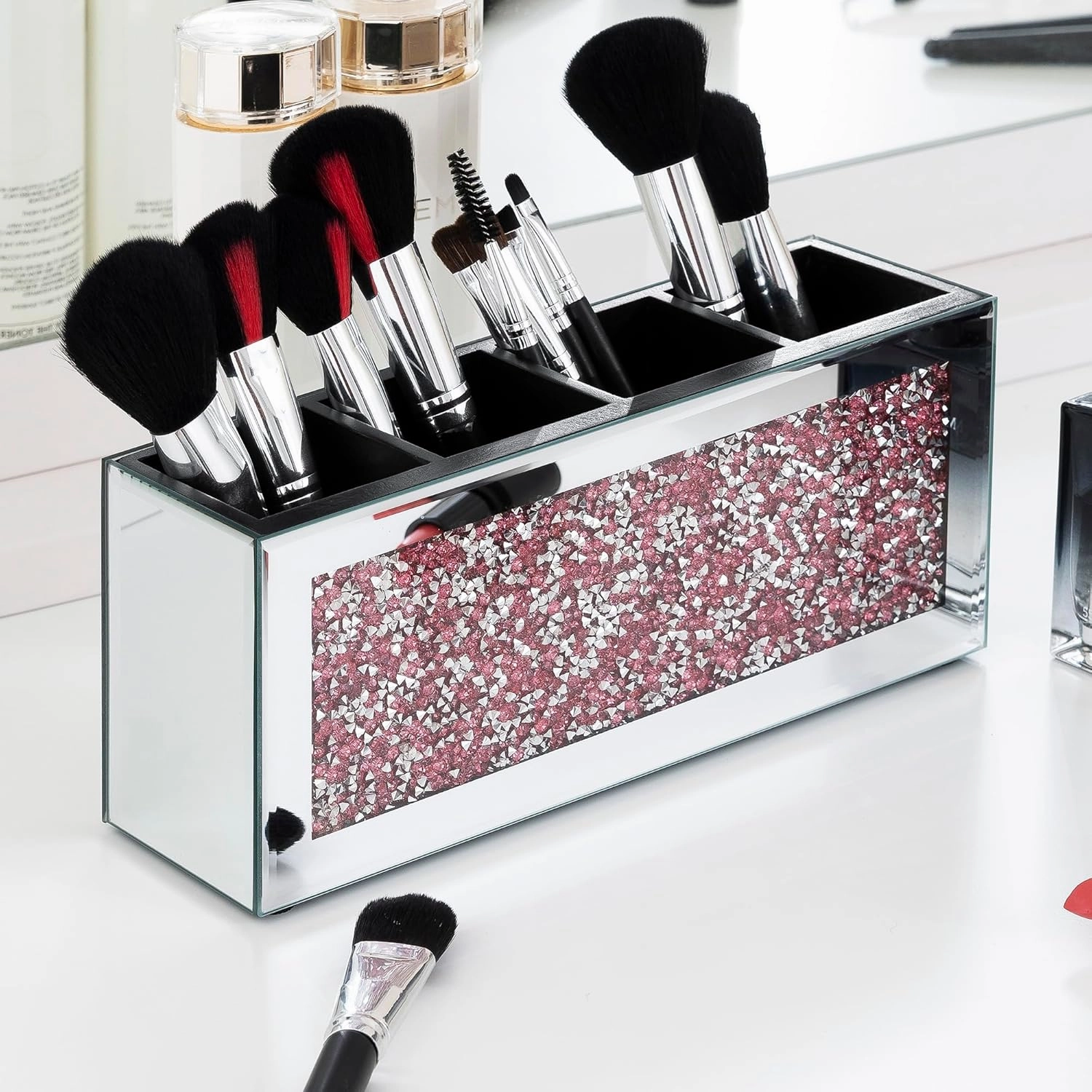 SHYFOY Mirrored Makeup Brush Holder, 4-Compartment Makeup Organizer with Pink Crushed Diamond, Vanity Cosmetics Organizer Solution, Pencil Holder Organizer for Desk