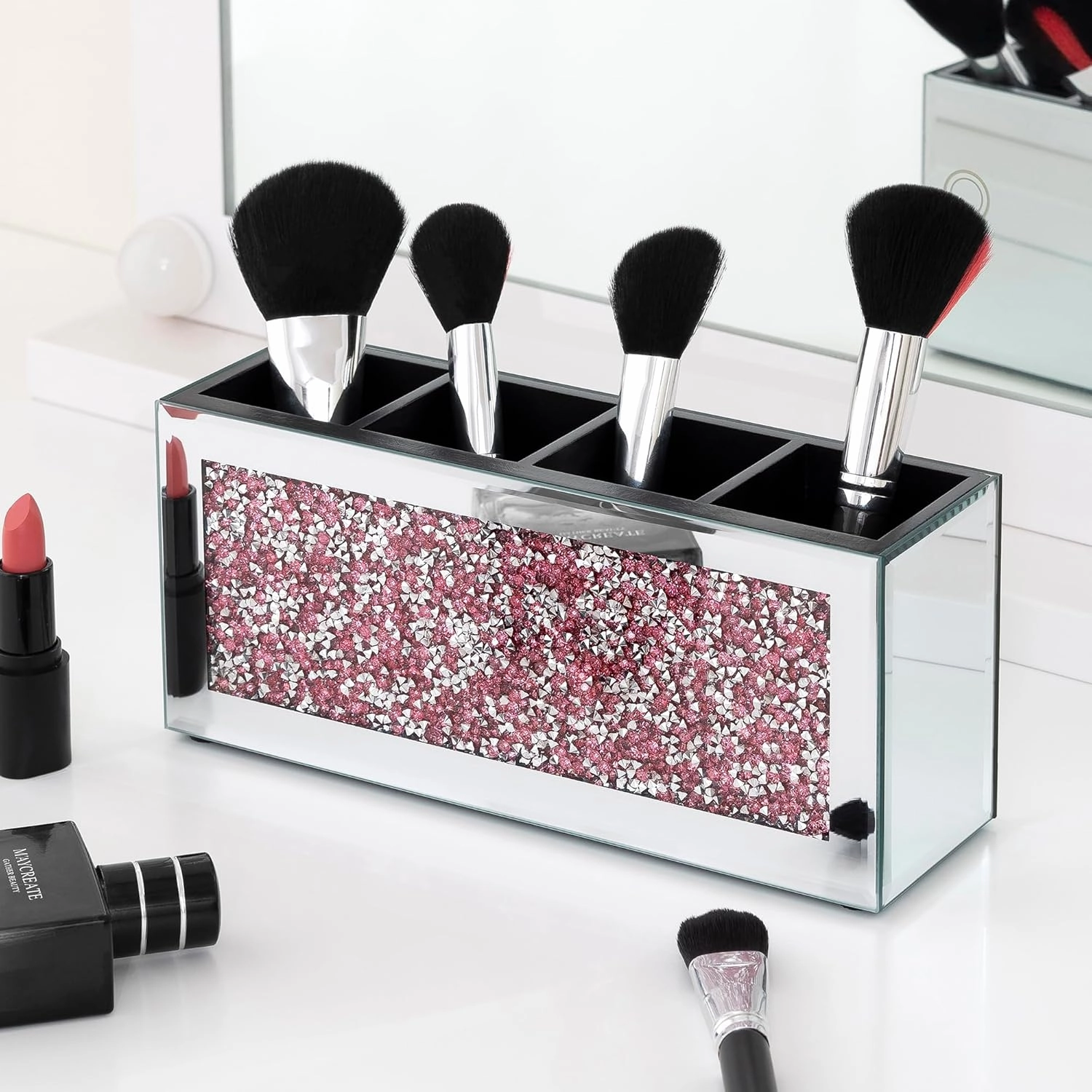 SHYFOY Mirrored Makeup Brush Holder, 4-Compartment Makeup Organizer with Pink Crushed Diamond, Vanity Cosmetics Organizer Solution, Pencil Holder Organizer for Desk
