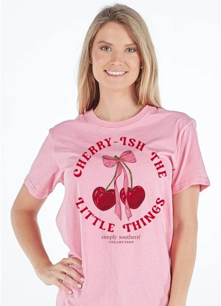 Simply Southern Cherry-ish The Little Things - Cherries - Pink Bow - Adult T-Shirt
