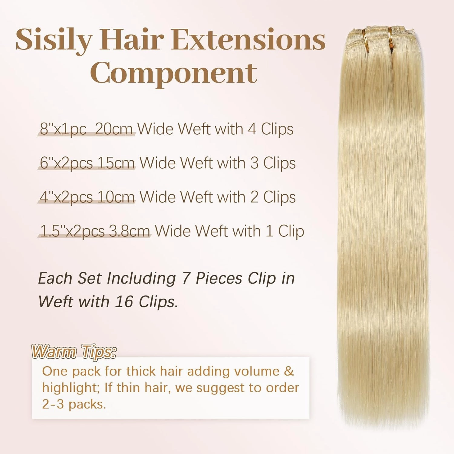Sisily Clip in Hair Extensions Real Human Hair, Premium Human Hair Clip in Extensions Bleach Blonde, Soft Straight Hair Extensions Real Human Hair Clip ins 7PCS Double Weft（20 Inch #613）