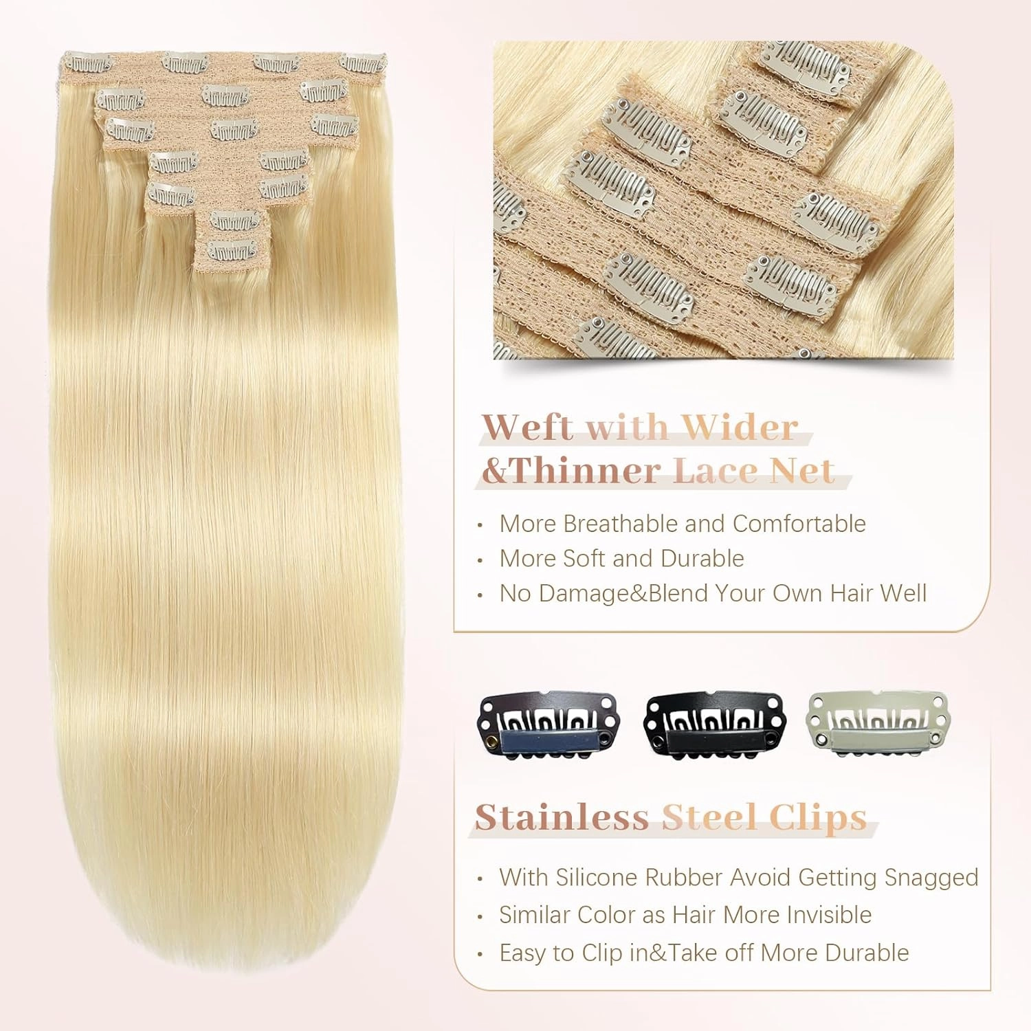 Sisily Clip in Hair Extensions Real Human Hair, Premium Human Hair Clip in Extensions Bleach Blonde, Soft Straight Hair Extensions Real Human Hair Clip ins 7PCS Double Weft（20 Inch #613）