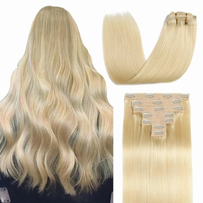 Sisily Clip in Hair Extensions Real Human Hair, Premium Human Hair Clip in Extensions Bleach Blonde, Soft Straight Hair Extensions Real Human Hair Clip ins 7PCS Double Weft（20 Inch #613）