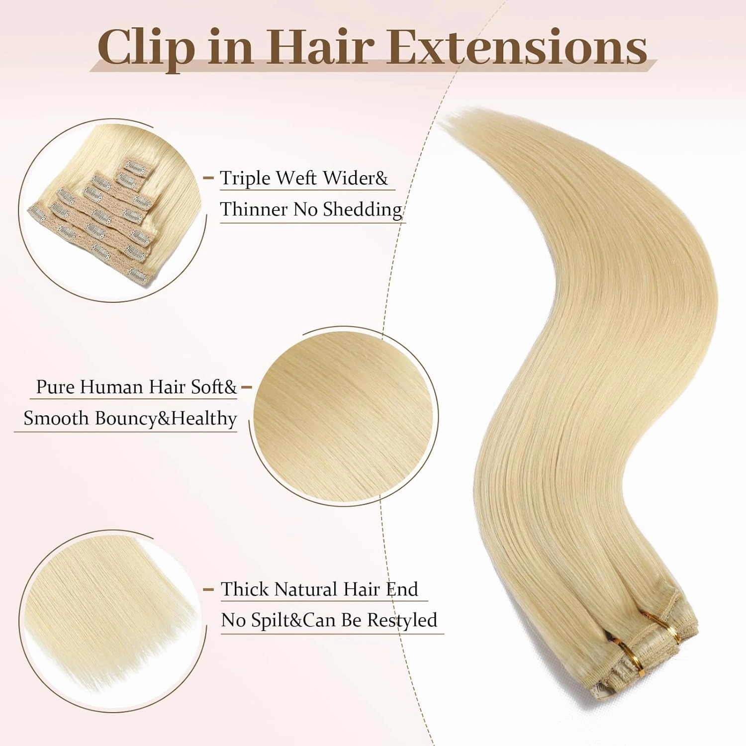 Sisily Clip in Hair Extensions Real Human Hair, Premium Human Hair Clip in Extensions Bleach Blonde, Soft Straight Hair Extensions Real Human Hair Clip ins 7PCS Double Weft（20 Inch #613）