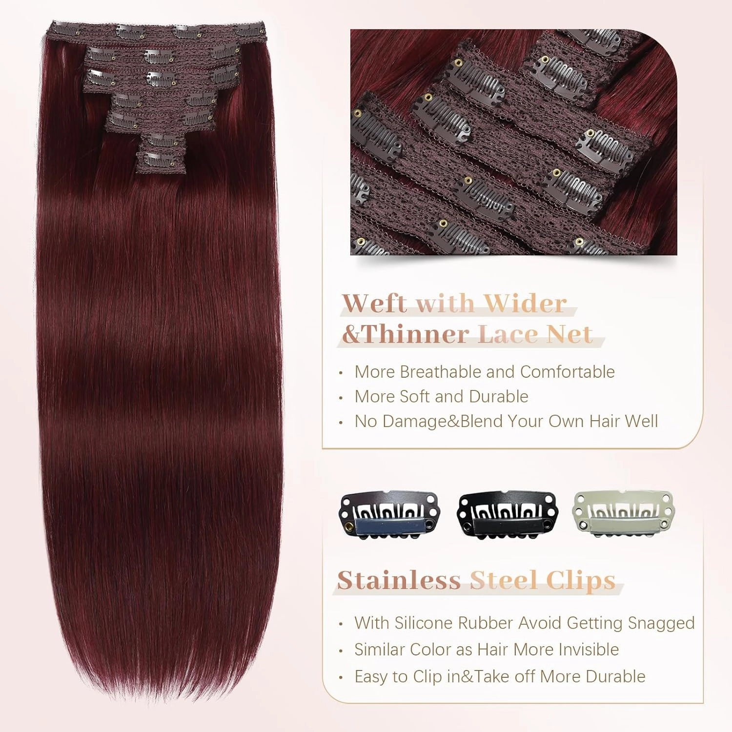 Sisily Clip in Hair Extensions Real Human Hair, Premium Human Hair Clip in Extensions Burgundy Red, Soft Straight Hair Extensions Real Human Hair Clip ins 7PCS Double Weft（18 Inch）