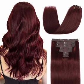 Sisily Clip in Hair Extensions Real Human Hair, Premium Human Hair Clip in Extensions Burgundy Red, Soft Straight Hair Extensions Real Human Hair Clip ins 7PCS Double Weft（18 Inch）
