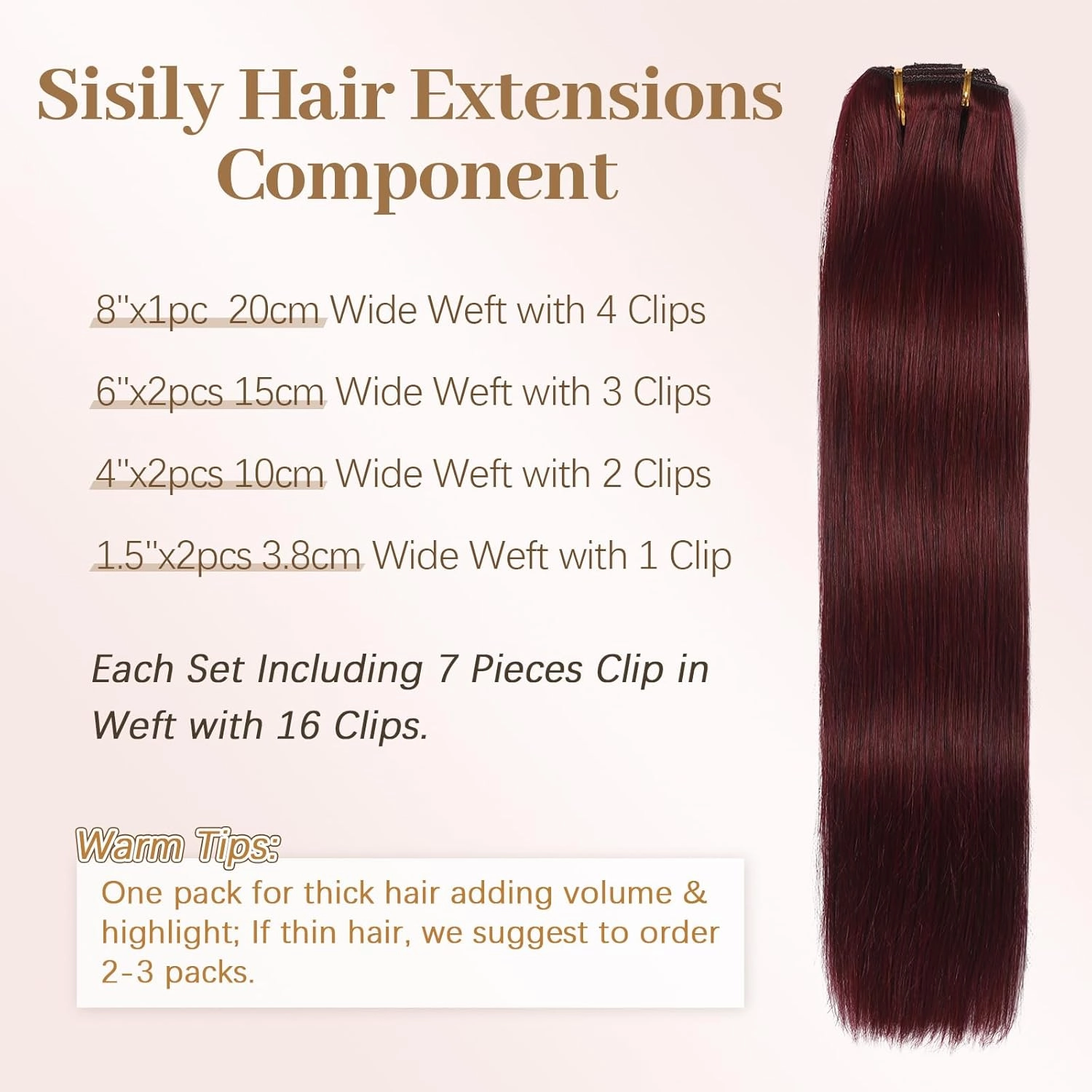 Sisily Clip in Hair Extensions Real Human Hair, Premium Human Hair Clip in Extensions Burgundy Red, Soft Straight Hair Extensions Real Human Hair Clip ins 7PCS Double Weft（18 Inch）